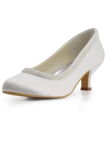 Elegantpark Ivory Almond Toe Chunky Heel Satin Beading Bridal Evening Party Shoes