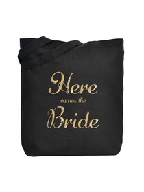 ElegantPark Here Comes the Bride Tote Bag Black Canvas Gold Script 100% Cotton