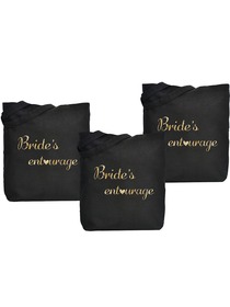 ElegantPark Bride's Entourage Tote Bag Black Canvas Gold Script 100% Cotton 3 Packs