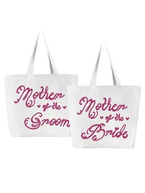 Mother of the Bride + Groom Tote Bag for Wedding Gifts Canvas 100% Cotton White with Hot Pink Script
