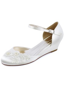 WP1716 Mid Heel Pumps Closed Toe Ankle Strap Satin Evening Prom Wedding Wedges