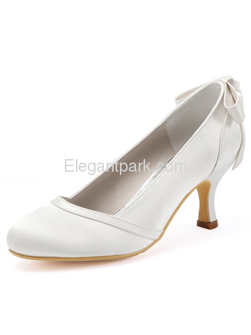 HC1804 Round Toe Spool Heel Satin Slip On Bridal Ribbion Wedding Party Shoes (HC1804)