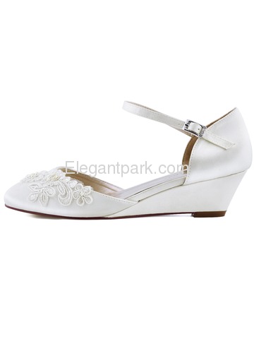 WP1716 Mid Heel Pumps Closed Toe Ankle Strap Satin Evening Prom Wedding Wedges (WP1716)