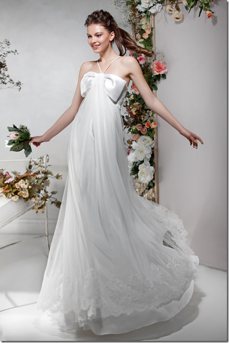 Halter wedding dresses with bow bust and Aline with Floral beading hemlline 