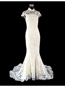 Ivory Lace Cap Sleeve Sweep Train Mermaid Cheongsam Dress (EFU054) Ivory Lace Cap Sleeve Sweep Train Mermaid Cheongsam Dress (EFU054)
