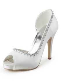 Elegantpark Peep Toe Satin Stiletto Heel Beading Platform Wedding & Evening Shoes