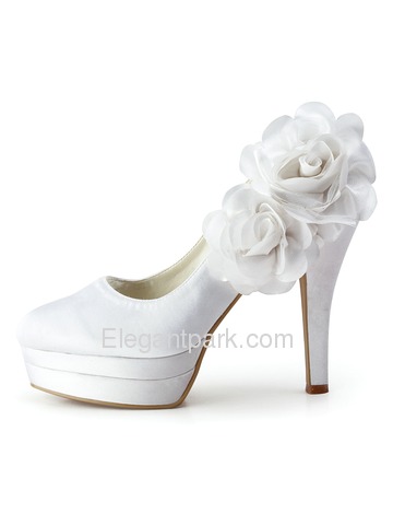 Elegantpark Closed Toe Pumps Double Platforms Side-Flowers Satin Stiletto Heel Wedding & Party Shoes (EP11089-2PF)