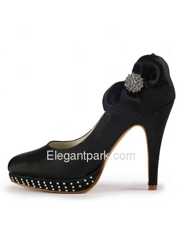 Elegantpark Satin Closed Toe Stiletto Heel/Pumps Platform Rhinestones Evening&Party Shoes with Side-Bowknot (EP11046-PF)