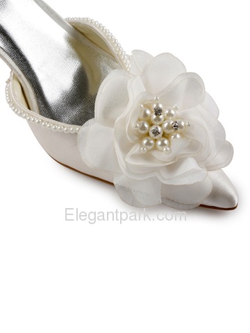 Elegantpark Satin Pointy Toe Stiletto Heel Pearls Flowers Evening&Party Shoes with Ribbon Tie (EP11052)