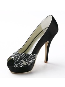 Elegantpark Black Peep Toe Rhinestone Stiletto Heel Platform Satin Evening Party Shoes