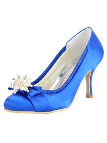 Elegantpark Blue Round Toe Bowknot Stiletto Heel Satin Wedding Evening Party Shoes