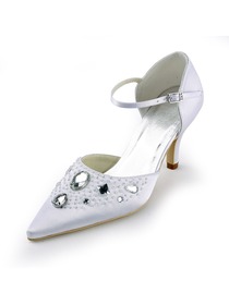 Elegantpark White Pointy Toe Stiletto Heel Satin Rhinestone Wedding Evenig Party Shoes