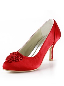 Elegantpark Red Almond Toe Stiletto Heel Satin Flower Wedding Evening & Party Shoes