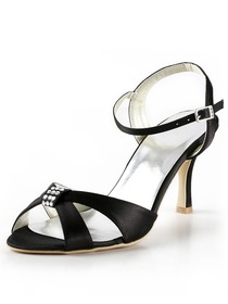 Elegantpark Black Open Toe Stiletto Heel Satin Rhinestones Wedding Evening Party Shoes