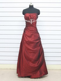 Burgundy A-Line Ruched Floor-length Taffeta Beading Evening Dress (2511-4)