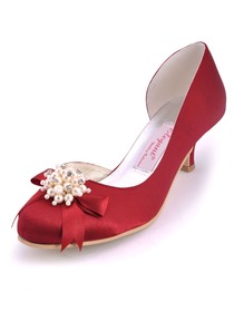 Elegantpark Burgundy Pretty Satin Pearls Round Toes Cone Heel Bridal Party Shoes