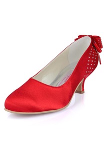 Elegantpark Red Almond Toe Chunky Heel Satin Bowknot Rhinestones Evening Party Shoes
