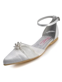 Elegantpark White Pretty Satin Pearl Buckle Flat Wedding Evening Party Shoes