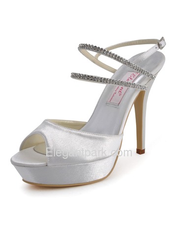 Elegantpark White Peep Toe Stiletto Heel Platform Satin Rhinestones Wedding Party Shoes (EP41001-PF)