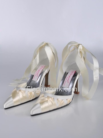 Elegantpark Ivory Pointy Toes Stiletto Heel Satin Ribbon Tie Wedding Bridal Party Shoes (A0563)