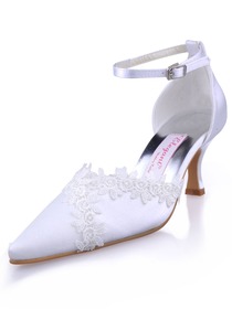 Elegantpark White Pointy Toe Stiletto Heel Satin Appliques Wedding Evening Party Shoes