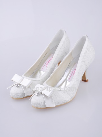 Elegantpark White Closed Toe Spool Heel Satin and Lace Wedding Shoes (EL-003)