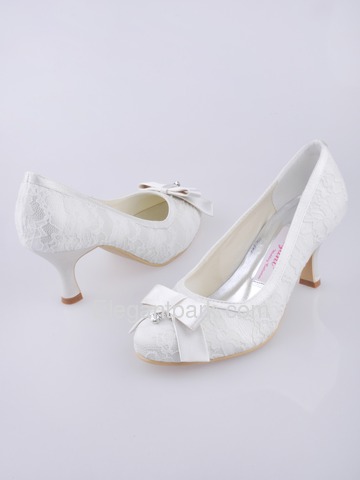 Elegantpark White Closed Toe Spool Heel Satin and Lace Wedding Shoes (EL-003)