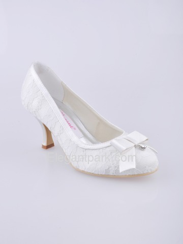 Elegantpark White Closed Toe Spool Heel Satin and Lace Wedding Shoes (EL-003)