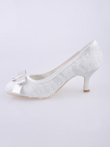 Elegantpark White Closed Toe Spool Heel Satin and Lace Wedding Shoes (EL-003)