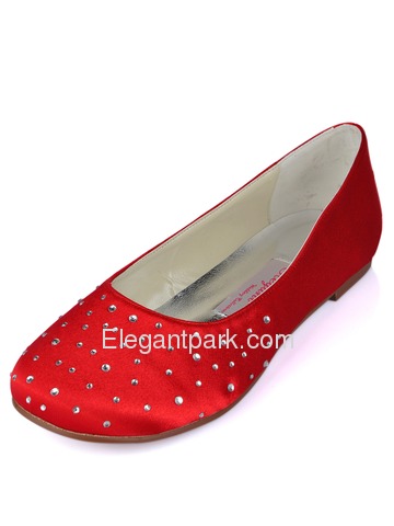 Elegantpark Ivory Closed Toe Flat Satin Rhinestones Shoes (EL-030)