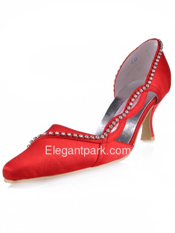 Elegantpark Red Pointy Toe Satin Rhinestones Stiletto Heel Bridal Party Prom Shoes (MC-004)