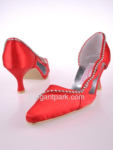 Elegantpark Red Pointy Toe Satin Rhinestones Stiletto Heel Bridal Party Prom Shoes (MC-004)