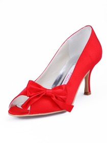 Elegantpark Red Peep Toe Stiletto Heel Satin Bowknot Bridal Evening Party Shoes