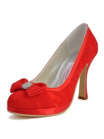 Elegantpark Red Almond Toe Bow Rhinestones Platform Stiletto Heel Lace Wedding Bridal Shoes