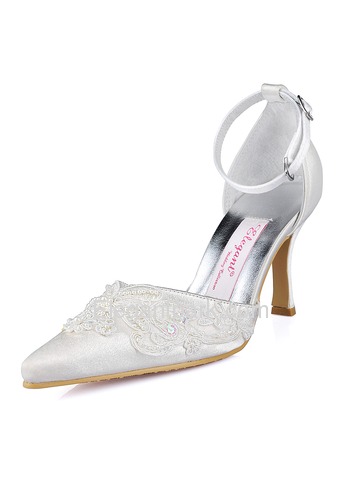 Elegantpark Satin Upper Pointy Toes Stiletto Heel Applique Pearl Buckle Stylish Wedding Bridal Shoes (A901)