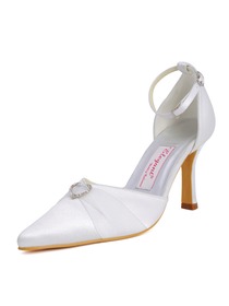 Elegantpark Satin Upper Pointy Toe Stiletto Heel Ribbon Tie Rhinestone Buckle Stylish Wedding Bridal Shoes