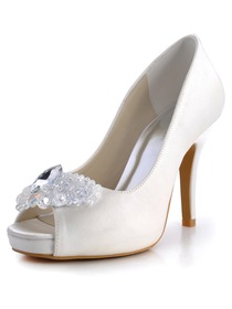 Elegantpark Peep Toe Stiletto Heel Platform Satin Rhinestones Bridal Wedding Party Shoes