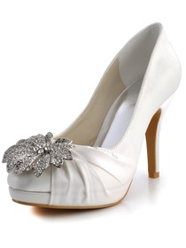 Elegantpark Round Toe Satin Rhinestones Stiletto Heel Platform Bridal Party Shoes