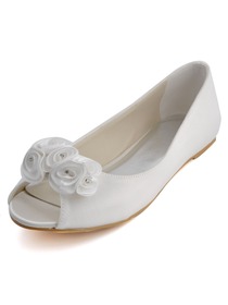 Elegantpark Classic Ivory Peep Toe Flower Satin Wedding Bridal Flats