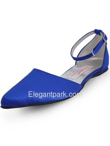 Elegantpark Blue Pointy Toe Buckle Low Heel Satin Wedding Bridal Flats (EP41034)