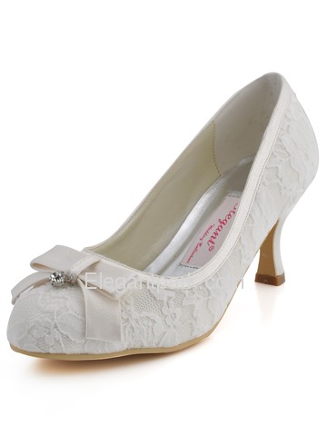Elegantpark White Closed Toe Spool Heel Satin and Lace Wedding Shoes (EL-003)