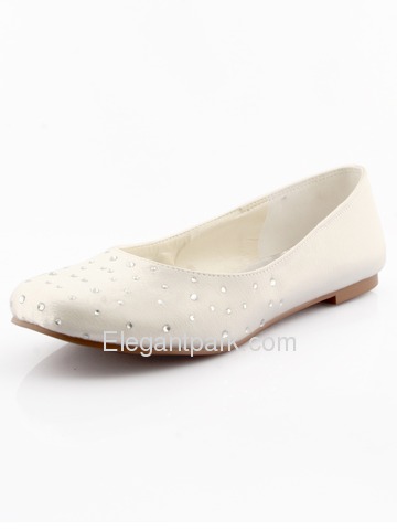 Elegantpark Ivory Closed Toe Flat Satin Rhinestones Shoes (EL-030)
