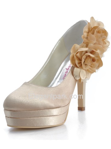 Elegantpark Closed Toe Pumps Double Platforms Side-Flowers Satin Stiletto Heel Wedding & Party Shoes (EP11089-2PF)