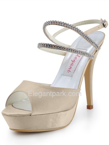 Elegantpark White Peep Toe Stiletto Heel Platform Satin Rhinestones Wedding Party Shoes (EP41001-PF)