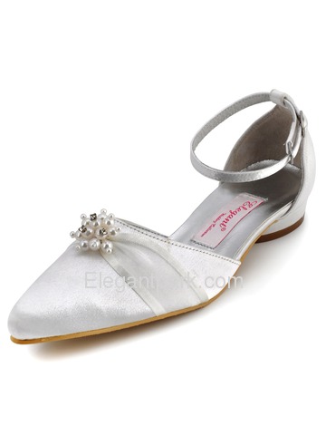 Satin Pumps Round Low Heel Pearl Buckle Ribbon Tie Modern Wedding Bridal Shoes (A711L)