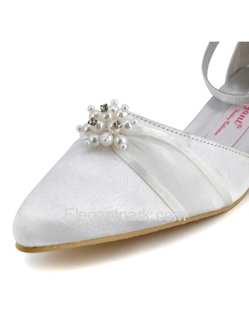 Satin Pumps Round Low Heel Pearl Buckle Ribbon Tie Modern Wedding Bridal Shoes (A711L)