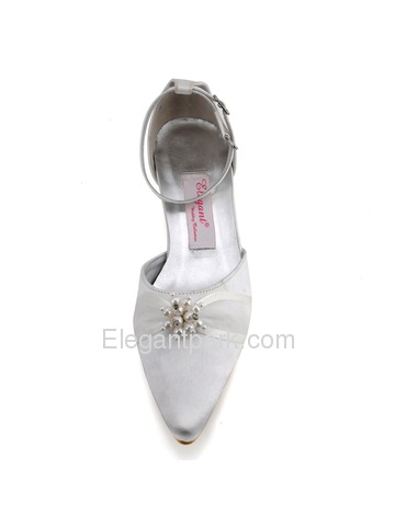 Satin Pumps Round Low Heel Pearl Buckle Ribbon Tie Modern Wedding Bridal Shoes (A711L)