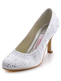 Elegantpark White Almond Toe Rhinestone Stiletto Heel Satin Wedding Bridal Pumps
