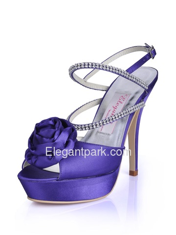 Elegantpark Purple Peep Toe Stiletto Heel Satin Flower Rhinestones Evening Party Shoes (EP41002-PF)