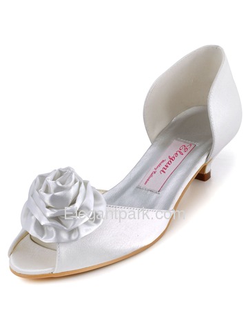 Elegantpark White Peep Toe Flower Low Heel Satin Wedding Evening Party Shoes (EL-R-58)